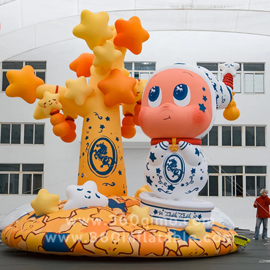 Front view of 20m yellow duck inflatable on water with city skyline background