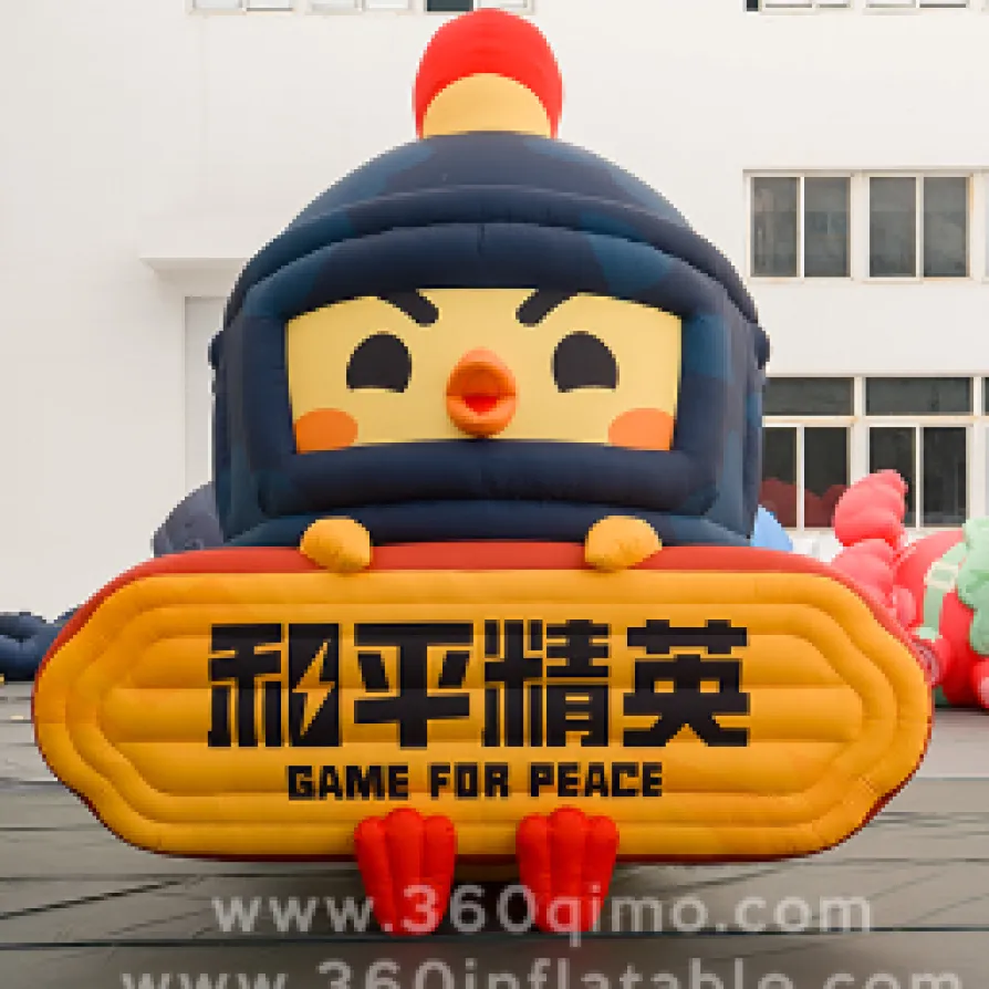 Front view of 4m Game for Peace Helmet Chicken inflatable wearing a blue helmet and holding an orange logo sign