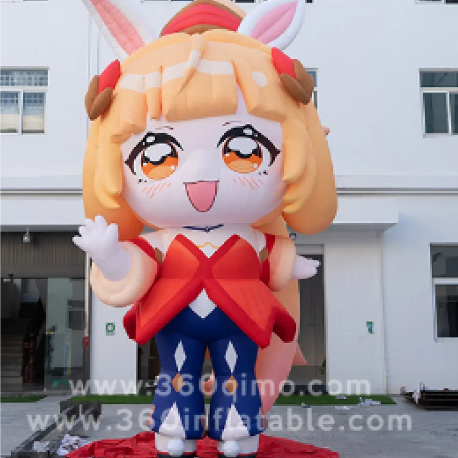 Front view of 6m high Gongsun Li inflatable waving with one hand, wearing red and blue outfit