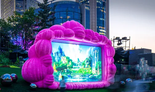 Inflatable architecture with landscape mural installation