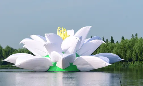 Floating lotus inflatable installation on lake