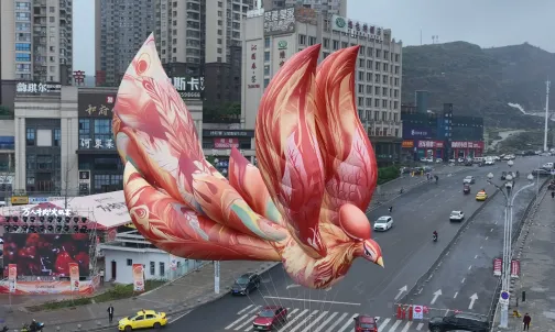 Giant aerial bird inflatable installation at city street