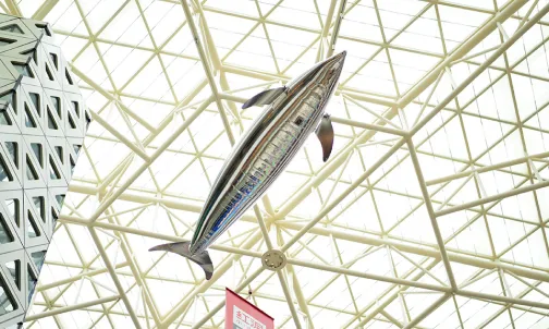 Giant fish aerial inflatable installation in atrium